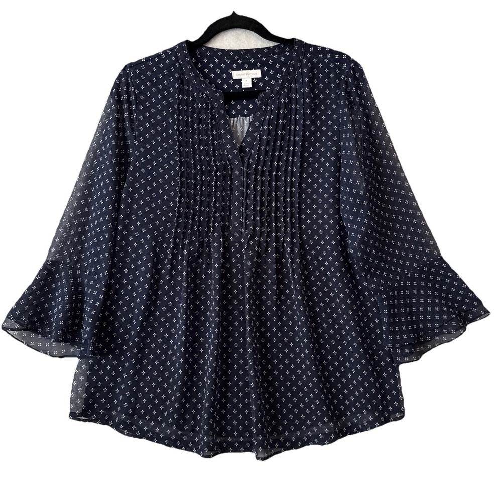 Charter Club Sheer Navy Blue Dot Pintucked VNeck Bell Sleeve Top M Romantic Boho